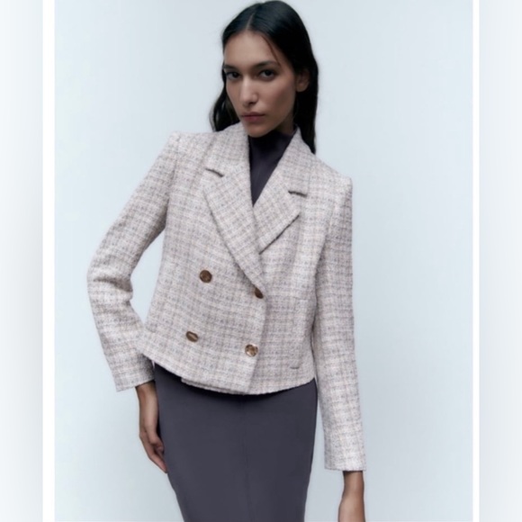 NWT ZARA WOMEN NEW CROPPED TEXTURED BLAZER Weave Tweed MULTICOLORED - Picture 4 of 8